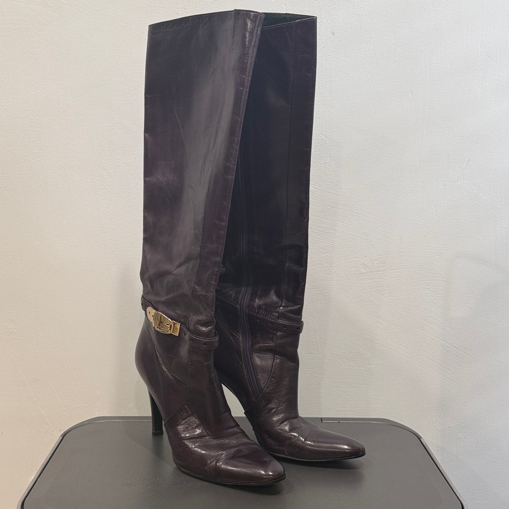 Gucci Dark Purple Heeled Boots with Gold buckle accent